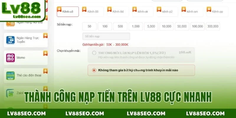 Thành công nạp tiền trên LV88 cực nhanh